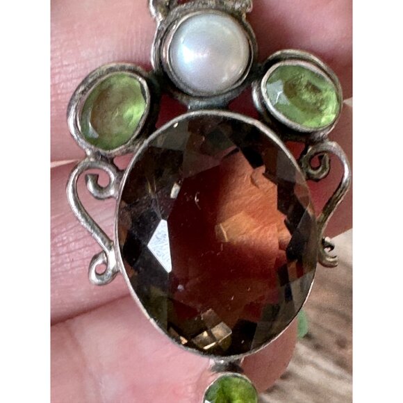 Vintage Sterling Silver Pendant W/ Smoky Quartz Green Peridot & Pearl Gemstones - Picture 5 of 6